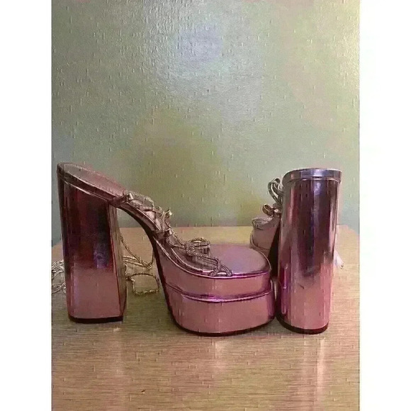 womens pink barbiecore strappy square toe block heel platform SZ 7.5 rhinestone - Picture 11 of 14